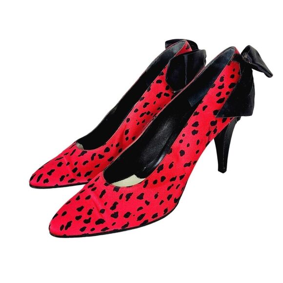 Vintage Roger Vivier Paris Red Black Animal Print Bow Back Stiletto Heels Size 9 - Picture 1 of 11